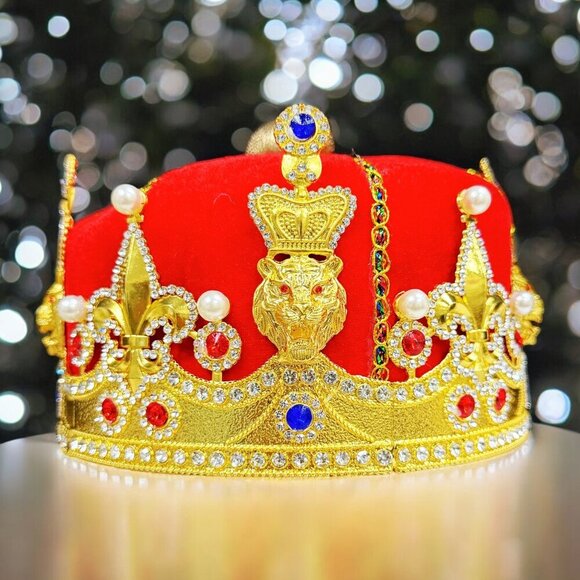 Royal Velvet Gold King's Crown, Tufted King Crown, Crystal Gold Crown, Gifts - Picture 1 of 8